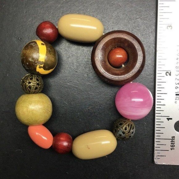 Pink Glass Marbled Bracelet Chunky Bronze Ring Wood Retro Mod Barbie Soft Girl - Picture 3 of 3